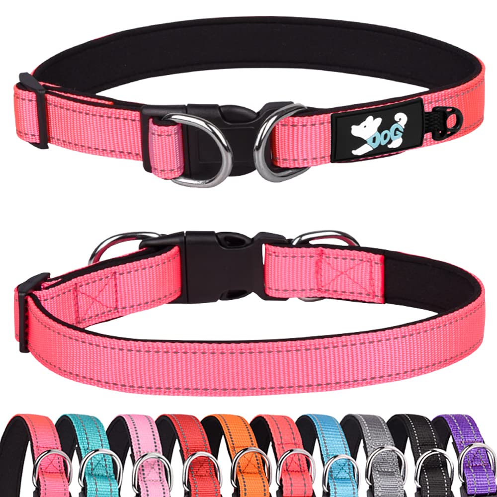 Haoyueer Padded Dog Collar Reflective Dog Collars for Small Medium Large Dogs Comfortable Soft Neoprene Adjustable Basic Dog Collars (L, Dark Pink)