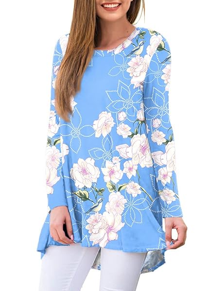 AWULIFFAN WOMEN’S CASUAL LONG SLEEVE ROUND NECK LOOSE TUNIC T SHIRT BLOUSE TOPS (FLOWER LIGHT BLUE,LARGE)