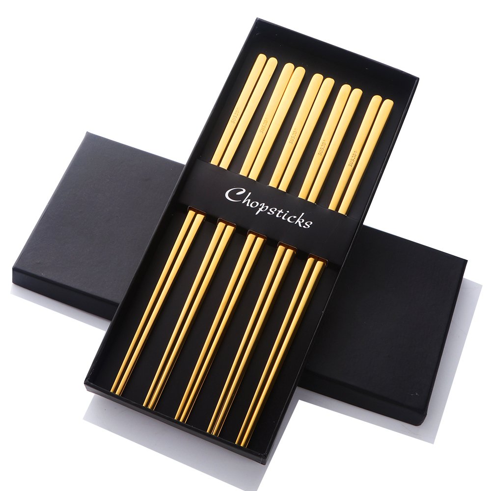 Buyer Star 5 Pairs Korean Chopsticks Gold Metal Reusable Chopstick Length 23cm 18/10 304 Stainless Steel Flat Chopsticks