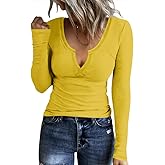 AKEWEI Women's Soft V Neck Ribbed Knit Shirts Basic Long Sleeve Tops Comfortable Long Sleeve Shirts Tunic Blouse Clothes