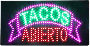 Tacos Tortas Open Sign for Business, Super Bright Electric Advertising Display Board for Mexican Food Restaurant Business Shop Store Window Bedroom (Tacos, Abierto)