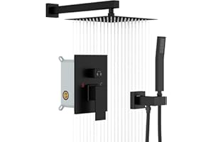 Rain Shower System - Lordear 10 Inch Rainfall Shower Head Faucet System Set Wall Mounted Matte Black Stainless Steel Square Shower Head with Handheld Combo, Brass Valve Included