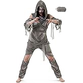 Mepase 4 Pcs Halloween Mummy Costume Zombie Costume for Men Women, Include Top Pants Sleeves Bandage Mummy Wrap Cosplay