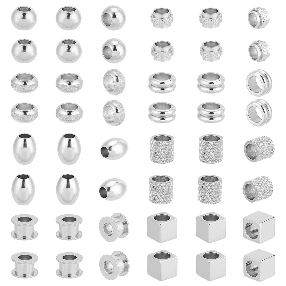 UNICRAFTALE About 48Pcs 8 Styles Stainless Steel European Beads Large Hole Beads Rondelle Cube Column Barrel Spacer Beads Large Hole beads Loose Beads for DIY Bracelet Necklace Jewelry Making