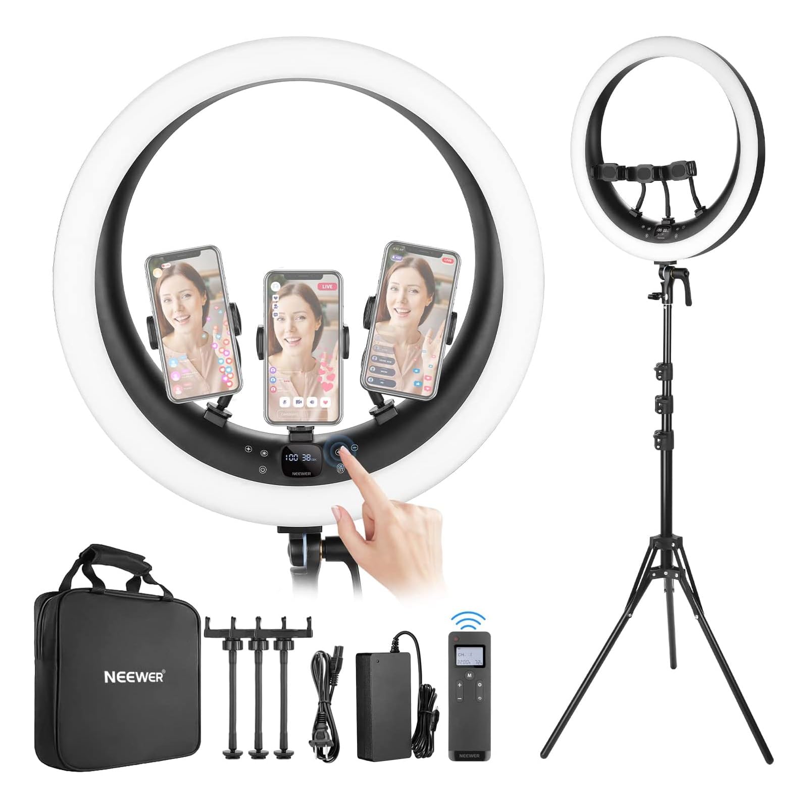 NEEWER RP19H Ring Light 19 Inches with Stand and 3 Phone Holders, Upgraded Touch Control, Smooth Dimming at 1%, 42W CRI 97+ 2540lux, Professional for Streaming Home Office Zoom Call Lighting