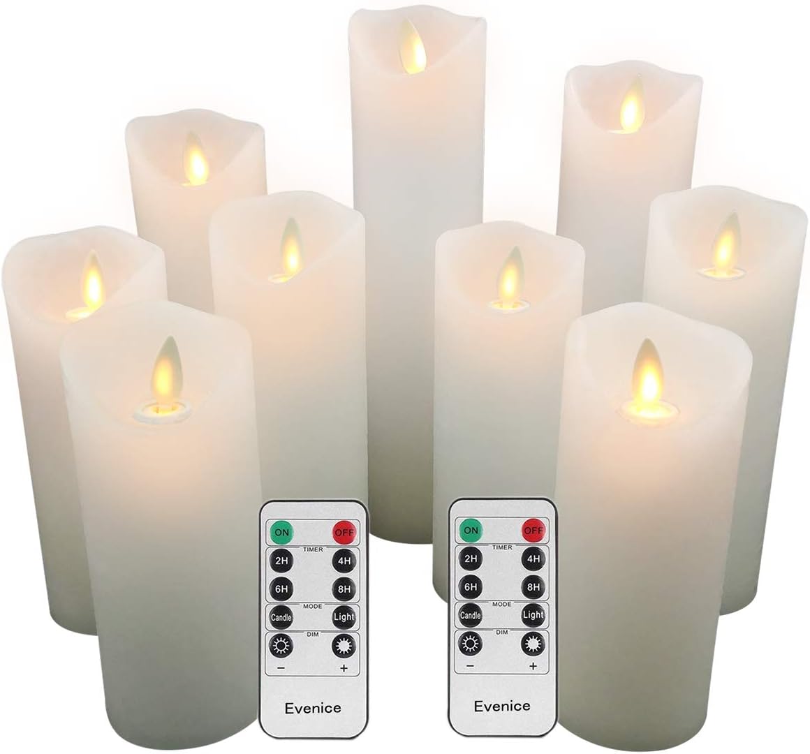 White Water Ripple Pillar Candles,Real Smoth Wax Flickering Led Candles with Timer and 10-Key Remote for Decoration,Christmas,Holiday,Set of 9