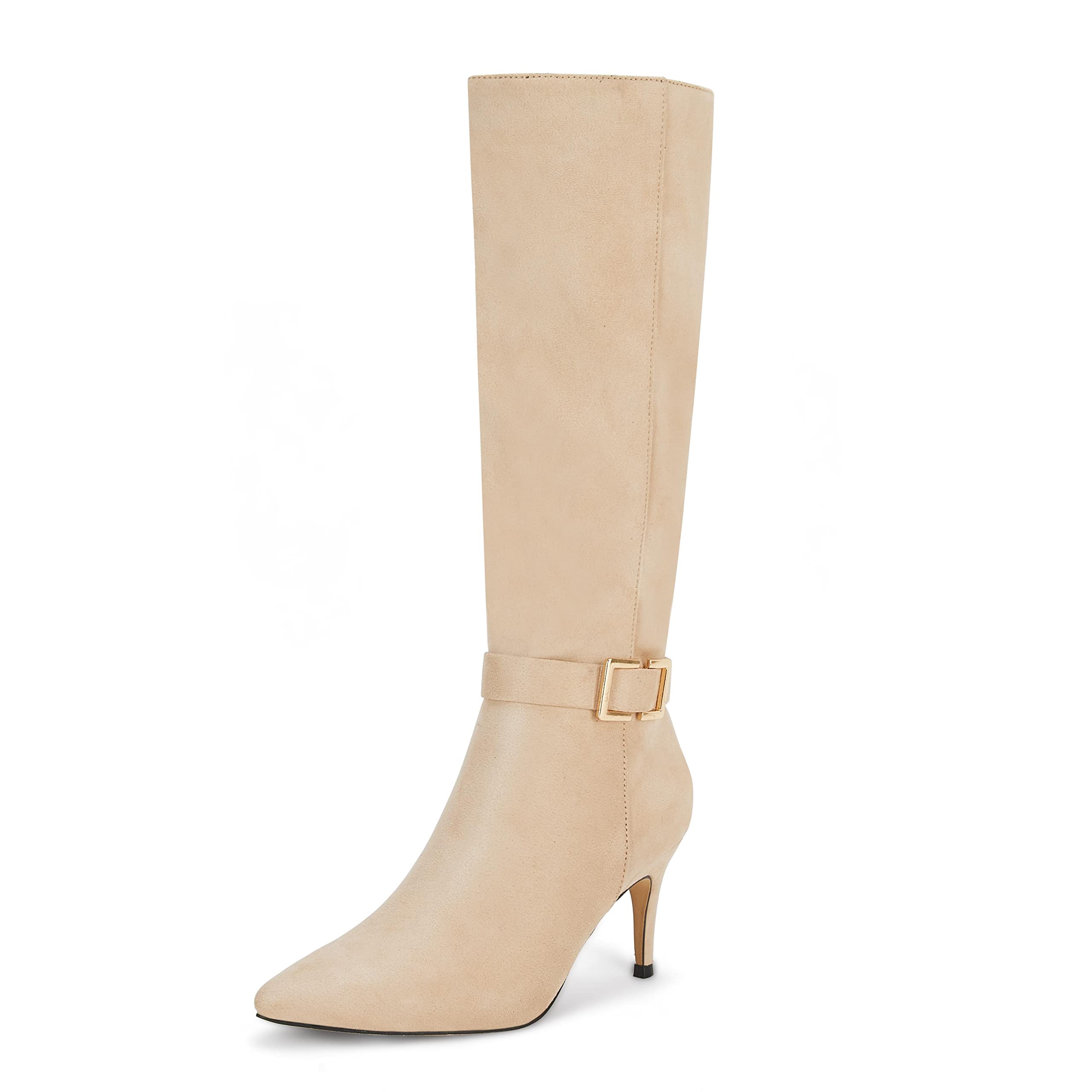 Photo 1 of Womens Knee High Boots Stiletto Heels Suede Pointed Toe Wide Calf Metal Buckle Side Zipper Winter Boots