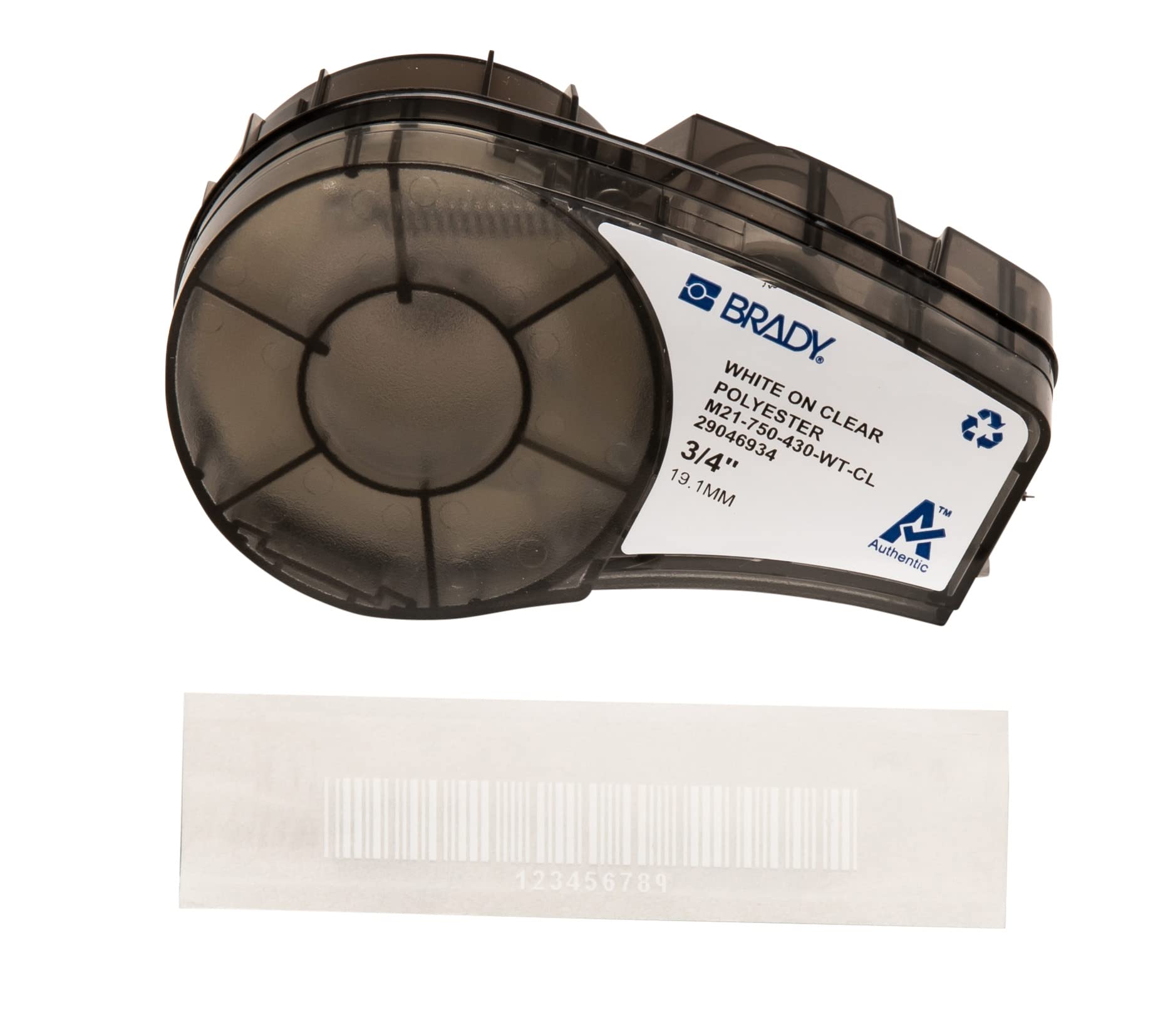 Brady Clear Polyester Labels for M210, M211 Printers – Multi-Purpose Labels for Asset Tracking, Barcode Labelling, Laboratory ID – White on Transparent (19.05 mm x 6.4 m) – M21-750-430-WT-CL