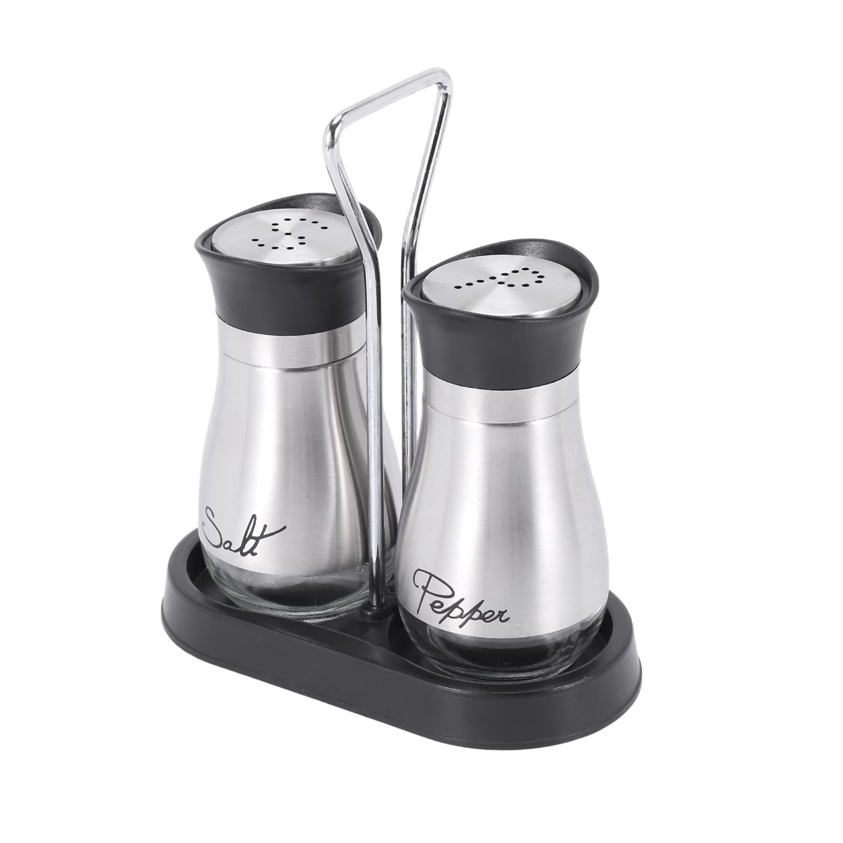 Midream Salt and Pepper Shakers Set - High Grade Steel with Glass Bottom and 4 inch Stand - 4 inch x 6 inch x 2 inch, 4 Oz.