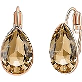 Teardrop Austrian Crystal Leverback Drop Earrings for Women 14K Rose Gold Plated Hypoallergenic Jewelry