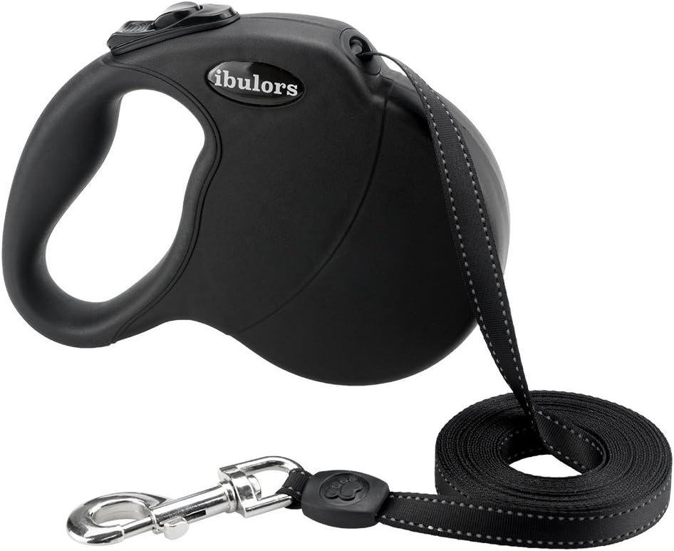 ibulors Dog Lead Retractable, 5M Extendable Dog/Pet Leads/Leash for Small Medium Large Dogs Up to 50 KG/5m, One Button&Lock with Reflective Belt(Black)