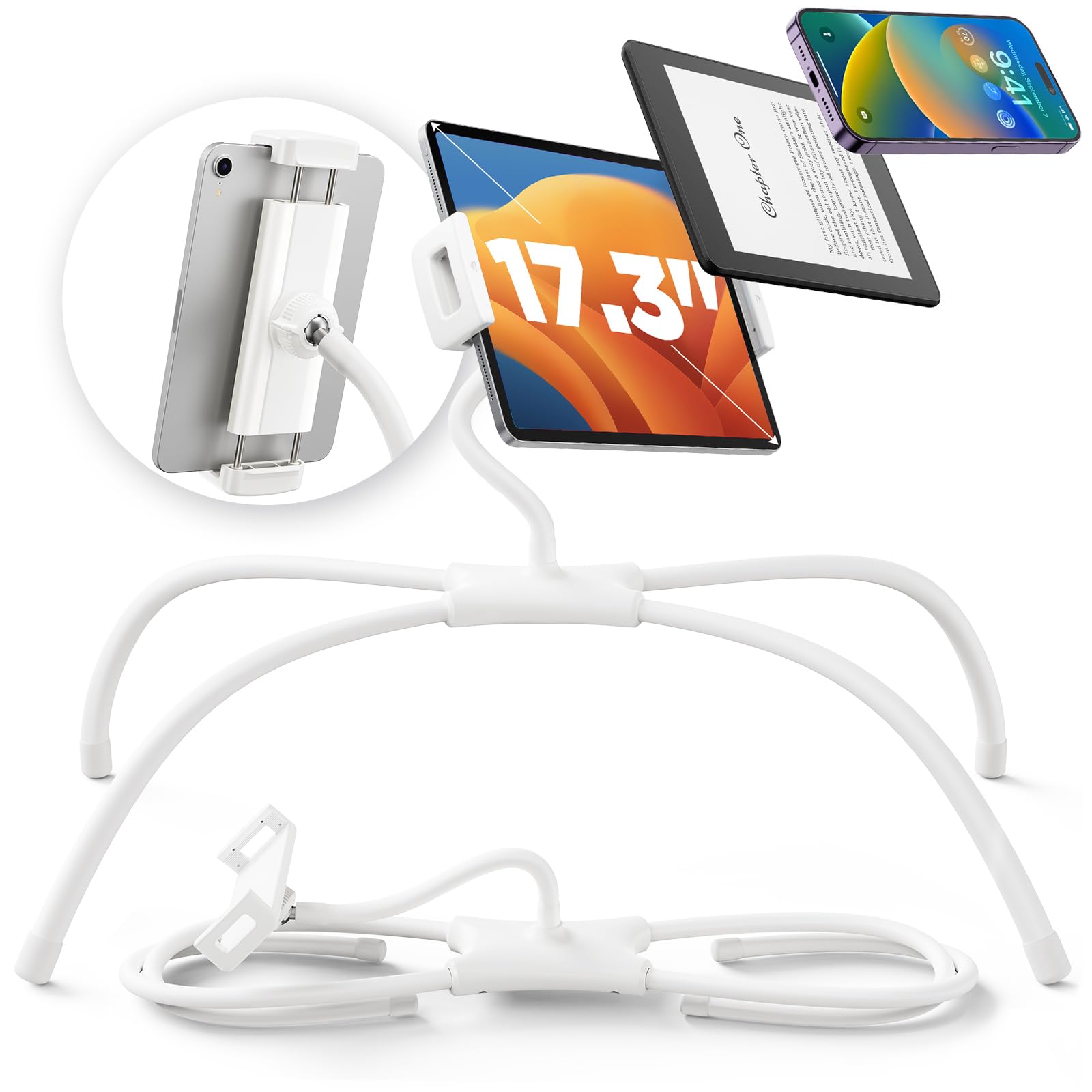Photo 1 of SAIJI iPad Stand, Adjustable Ergonomic Tablet Holder for Bed, Kindle Stand for Reading in Bed Fit for Tablet, Phone, Kindle, Portable Monitor, Switch and More 4.7"-17.3" Devices (White)