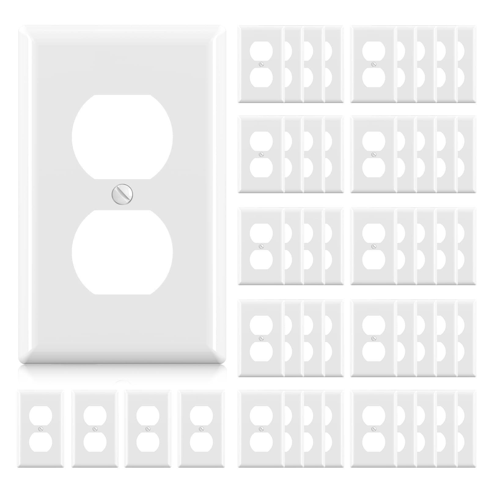 ELEGRP Duplex Receptacle Outlet Covers, 1-Gang Standard Size Wall Plates, Unbreakable Polycarbonate Dual Outlet Faceplates Covers, UL Listed, Color-matched Screws Included (50 Pack, Glossy White) Image ELEGRP Duplex Receptacle Outlet Covers, 1-Gang Standard Size Wall Plates, Unbreakable Polycarbonate Dual Outlet Faceplates Covers, UL Listed, Color-matched Screws Included (50 Pack, Glossy White) Image