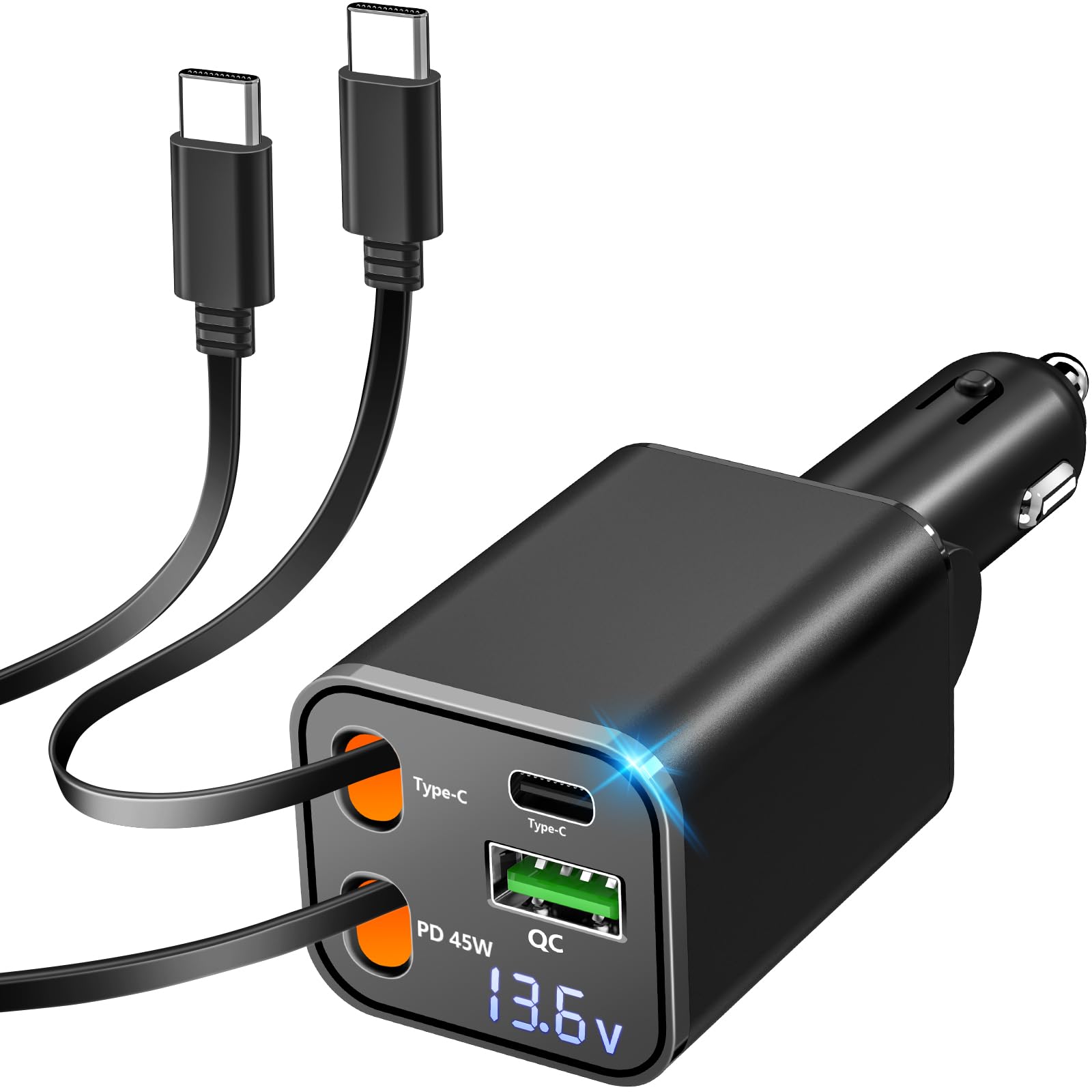 Retractable Car Charger, 120W 4-in-1 USB-C Fast Charge Car Phone Charger, Dual Retractable Cable & USB-A QC Port, Phone Charger for Car iPhone 17/16/15/14/13 Travel Essentials Gifts for Women and Men