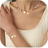 ZZLAY Beaded Initial Necklace & Stretch Bracelet – Elegant Bohemian Style Gold Charm Jewelry with Heart Pendant, Ideal for Women's Birthdays, Graduation colorful beaded necklace