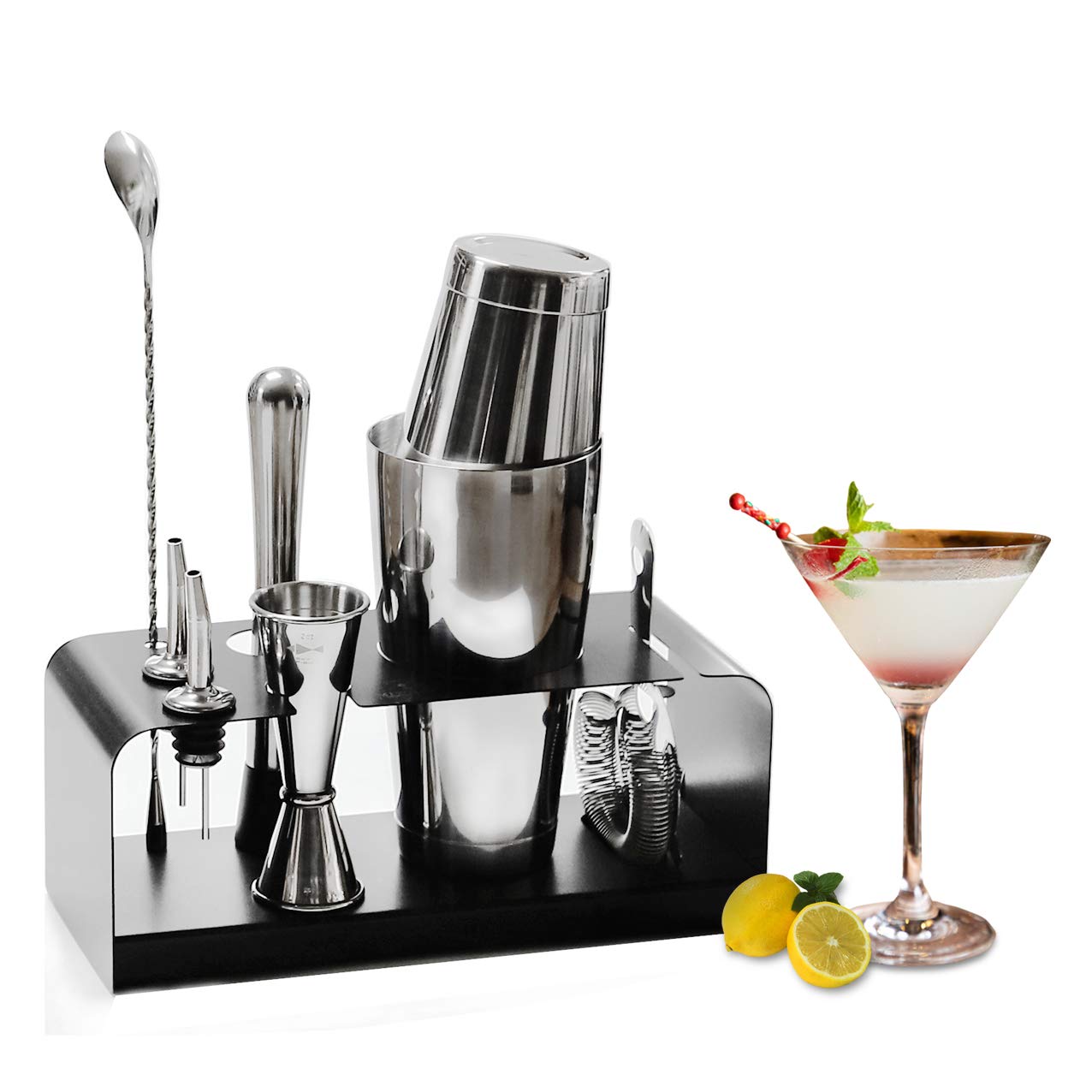SKY FISH Cocktail Shaker Set, 8 Piece Bartender Kit with Stainless Steel Stand, Perfect Home Cocktail Making Set, Martini Cocktail Mixing Tools Set