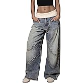 LETSVDO Women's Baggy Barrel Jeans Elastic High Waisted Wide Leg Cargo Y2k Patchwork Casual Stretchy Denim Pants
