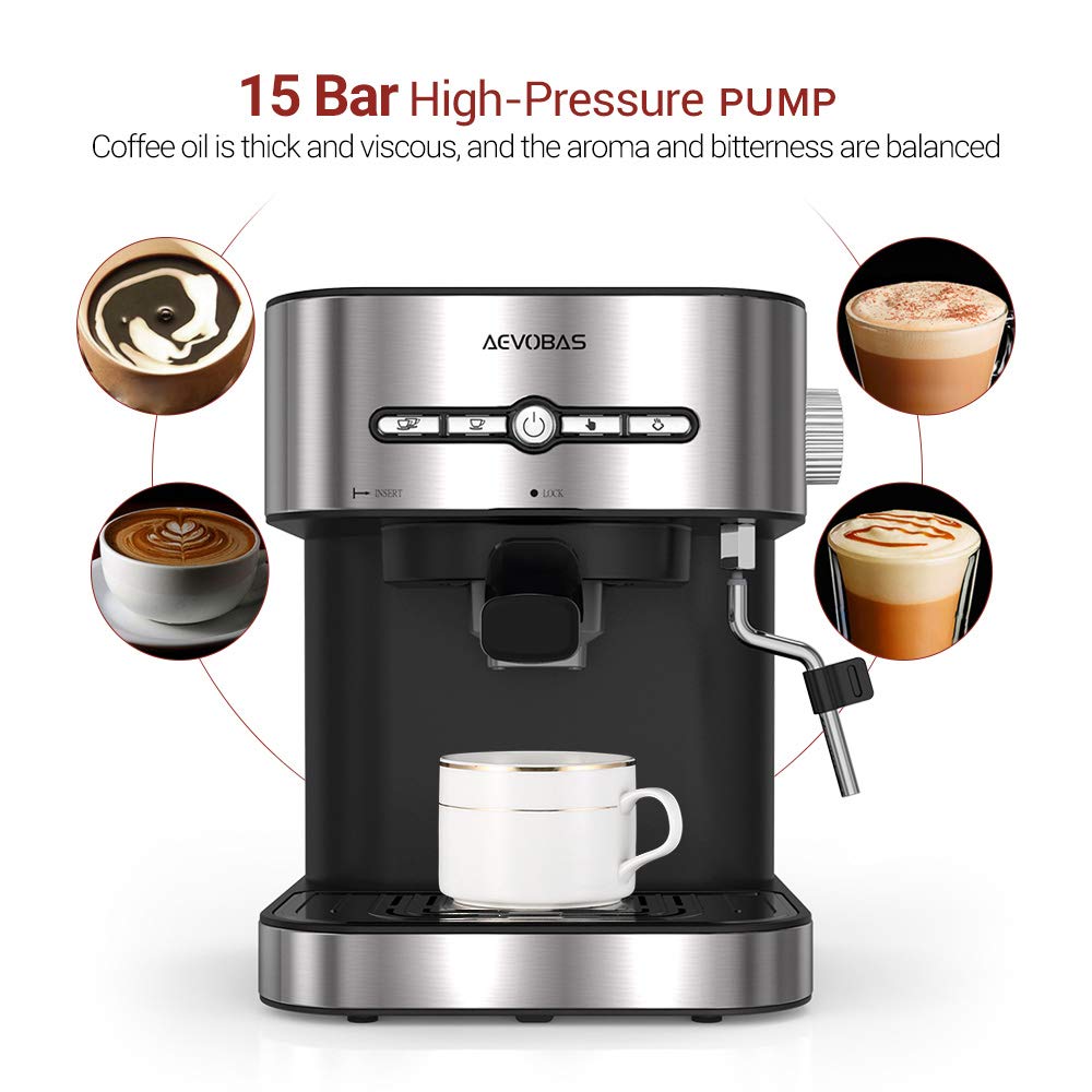 Aevobas Espresso Coffee Maker Machine with Milk Frother & Professional 15  Bar Pressure Pump for Cappuccino Latte -Silver: Amazon.co.uk: Kitchen & Home