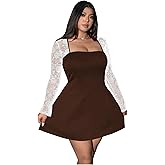 Floerns Women's Plus Size Contrast Lace Sheer Long Sleeve A Line Dress Square Neck Mini Dresses