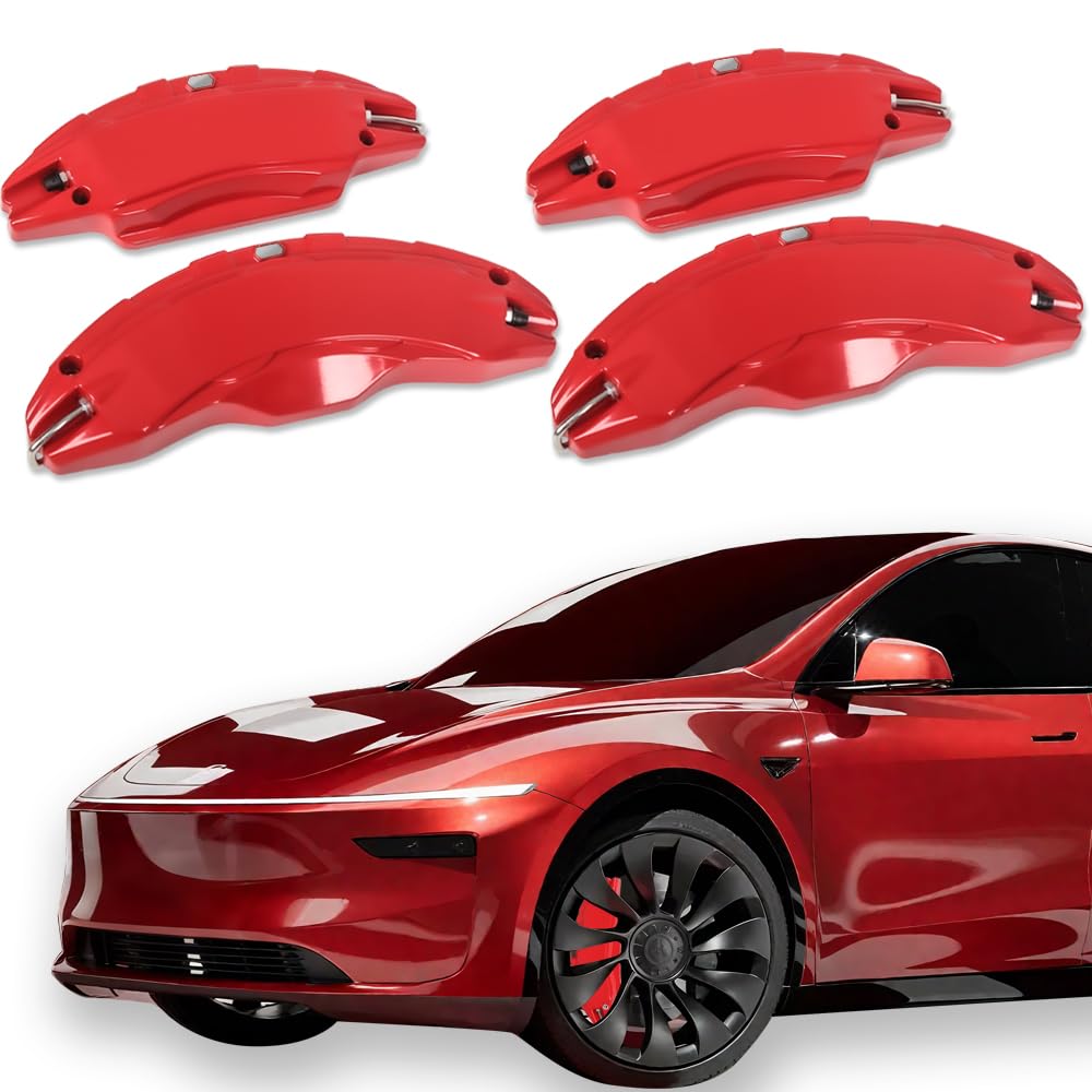 Photo 1 of Brake Caliper Covers Compatible with Tesla Model Y Juniper 2025-2026, 19 20 inch Front and Rear Brake Wheel Hub Brake Caliper Covers 4 Pcs For Model Y Juniper Accessories Red