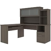 Bestar Dayton 63W 65W L-Shaped Desk with Hutch in bark Grey | With Hutch; 1 file drawer, 1 box drawer; for home office use; Metal construction; stands 63 in. tall