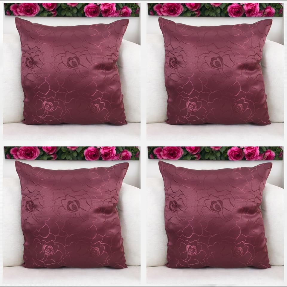 Seechoo Floral Flower Cushion Covers, Set of 4, 40x40cm, Assorted Colours (Burgundy)