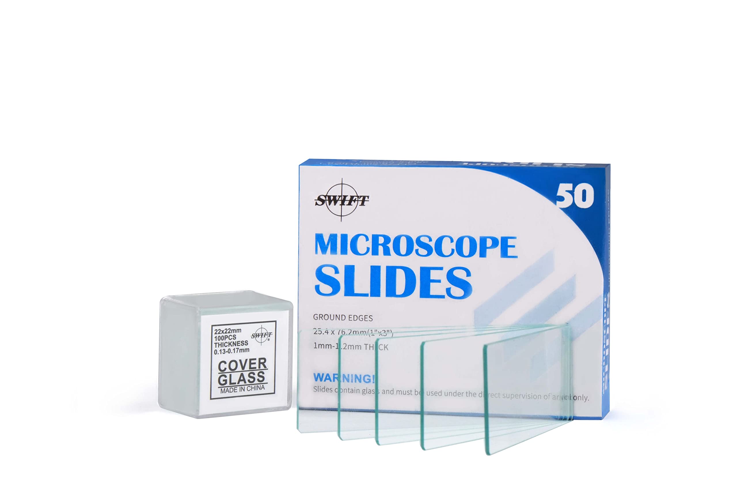 SWIFT BS50, 50 pcs Pre-Cleaned Blank Ground Edge Glass Microscope Slides and 100 pcs Pre-Cleaned Microscope Coverslips suitable for monocular binocular trinocular microscopes
