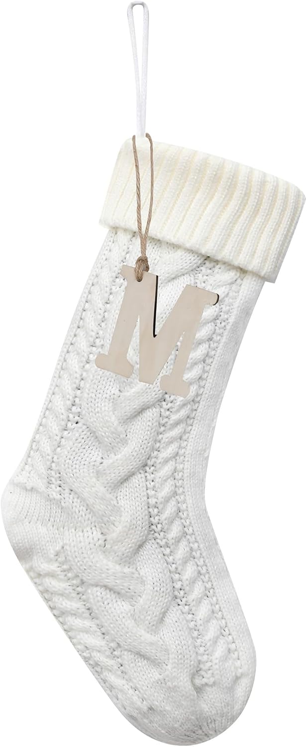 Stockings & Holders - Sxmder 19 Inches Personalized White Cable Knitted Christmas Stockings, Large Knitted Christmas Stockings with Wooden Letter Tag for Holiday Christmas Party Family Decor (Letter M)