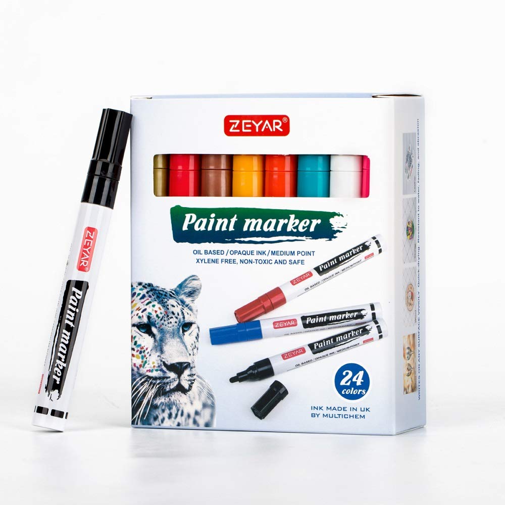 ZEYAR Oil-Based Paint Markers for Rock Painting, Medium Point, Waterproof & Permanent Ink, 24 Colors, Oil-Based, Expert of Rock, Wood, Fabric, Plastic, Canvas, Glass, Mugs and more