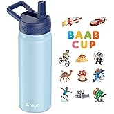 baab 18oz Kids Water Bottle, Insulated Water Bottle with Straw & Stickers, 18/8 Stainless Steel Vacuum Leakproof Kids Water Straw Cup for School, Perfect for Boy Girl (Light Blue, 1 Pack)