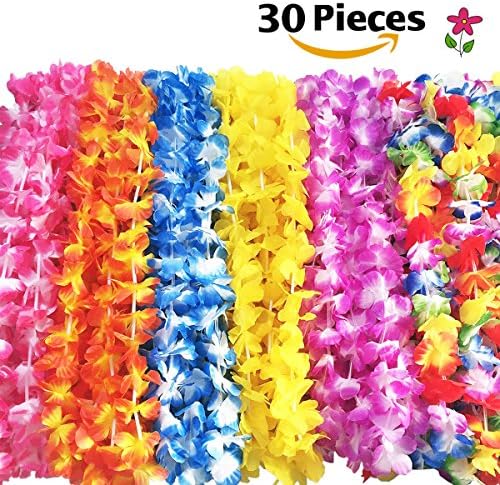Babite 30 Pieces Hawaiian Ruffled Simulated Silk Flower Leis Luau Floral Necklace for Birthday Party and Beach, Assorted Colors