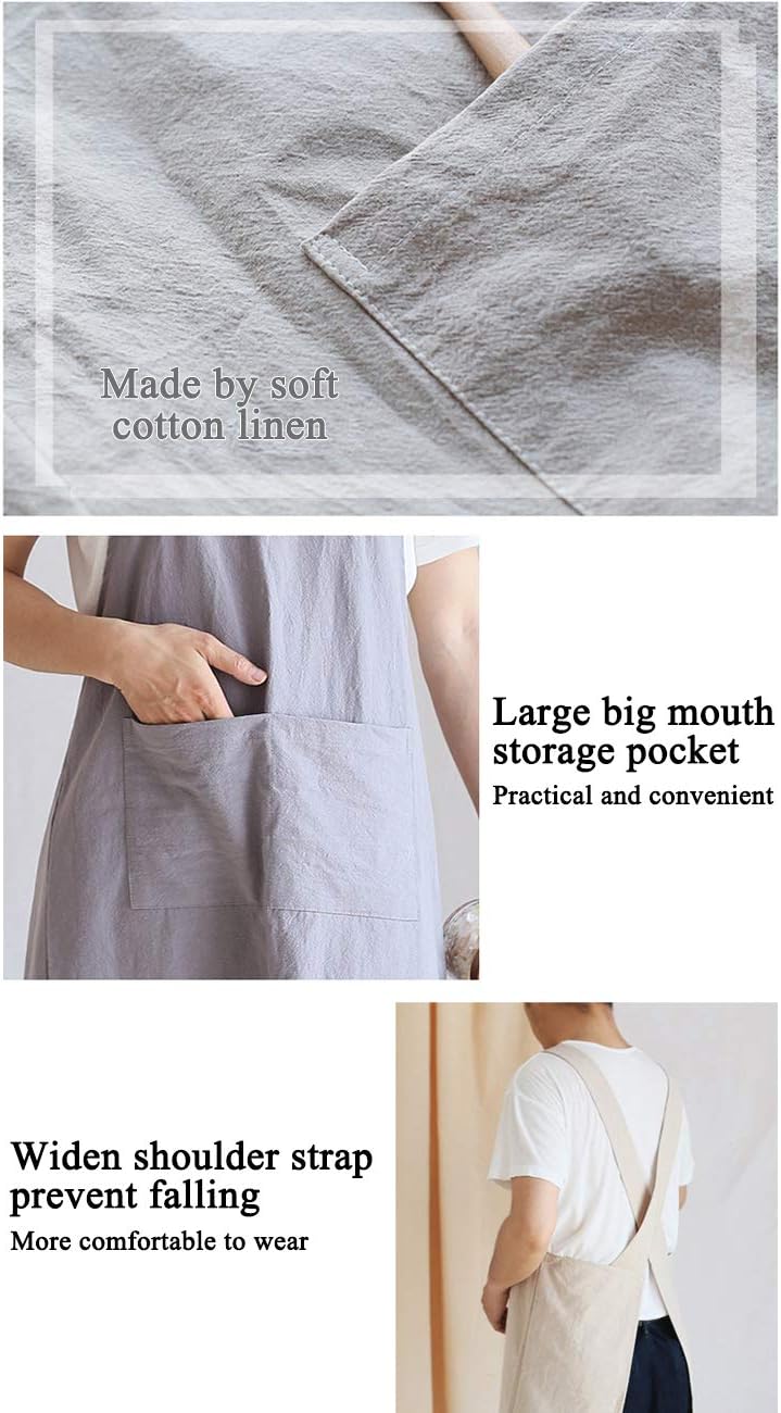 FBBULES Kitchen Apron with Pocket, Cotton Linen Japanese Style Apron, Cross Back Bandage Halter Pinafore - Image 5
