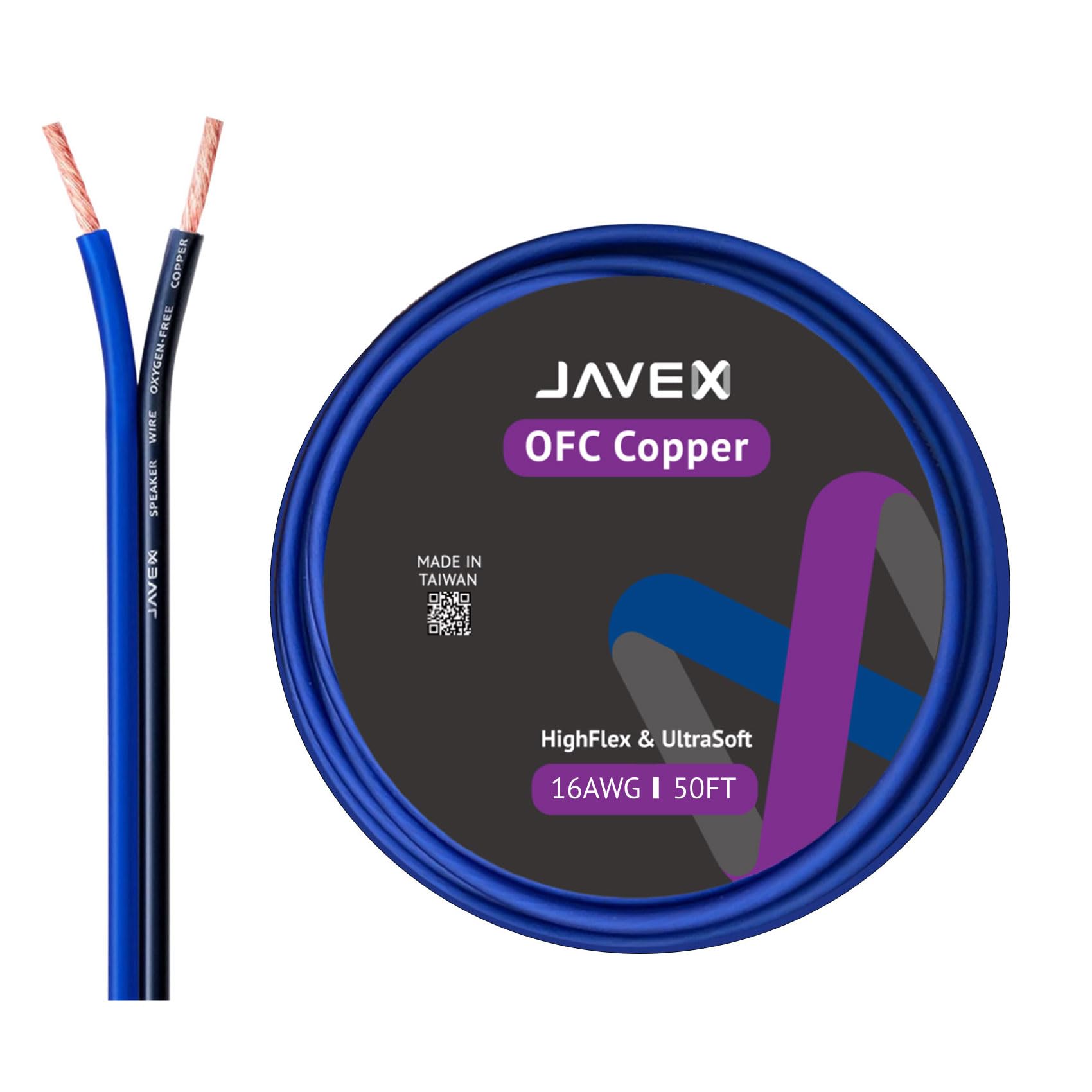 JAVEX Speaker Wire 16-Gauge AWG [0.16mm Strands Oxygen-Free Copper 99.9%] Stranded Copper, Blue/Black, Cable for Hi-Fi Systems, Amplifiers, AV receivers and Car Audio Systems, 15.25M