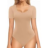 MANGOPOP Double Lined Long Sleeve Bodysuits for Women Scoop Neck Thong Short Bodysuit Tops Seamless