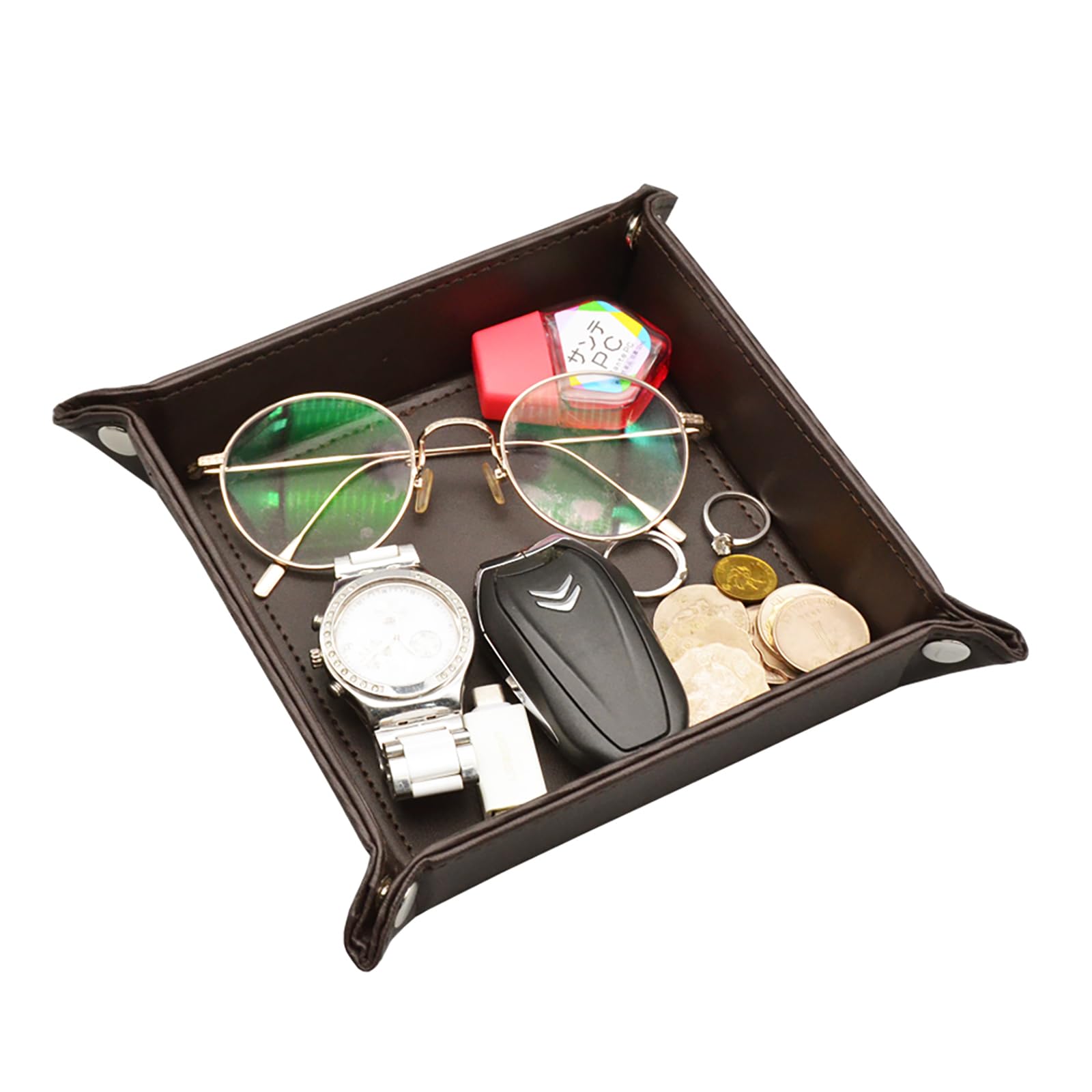 aolaso Valet Tray PU Leather Jewelry Catchall Tray for Key Wallet Phone Watches Candy, Women Mens Desktop Trinket Bedside Organizer- Brown