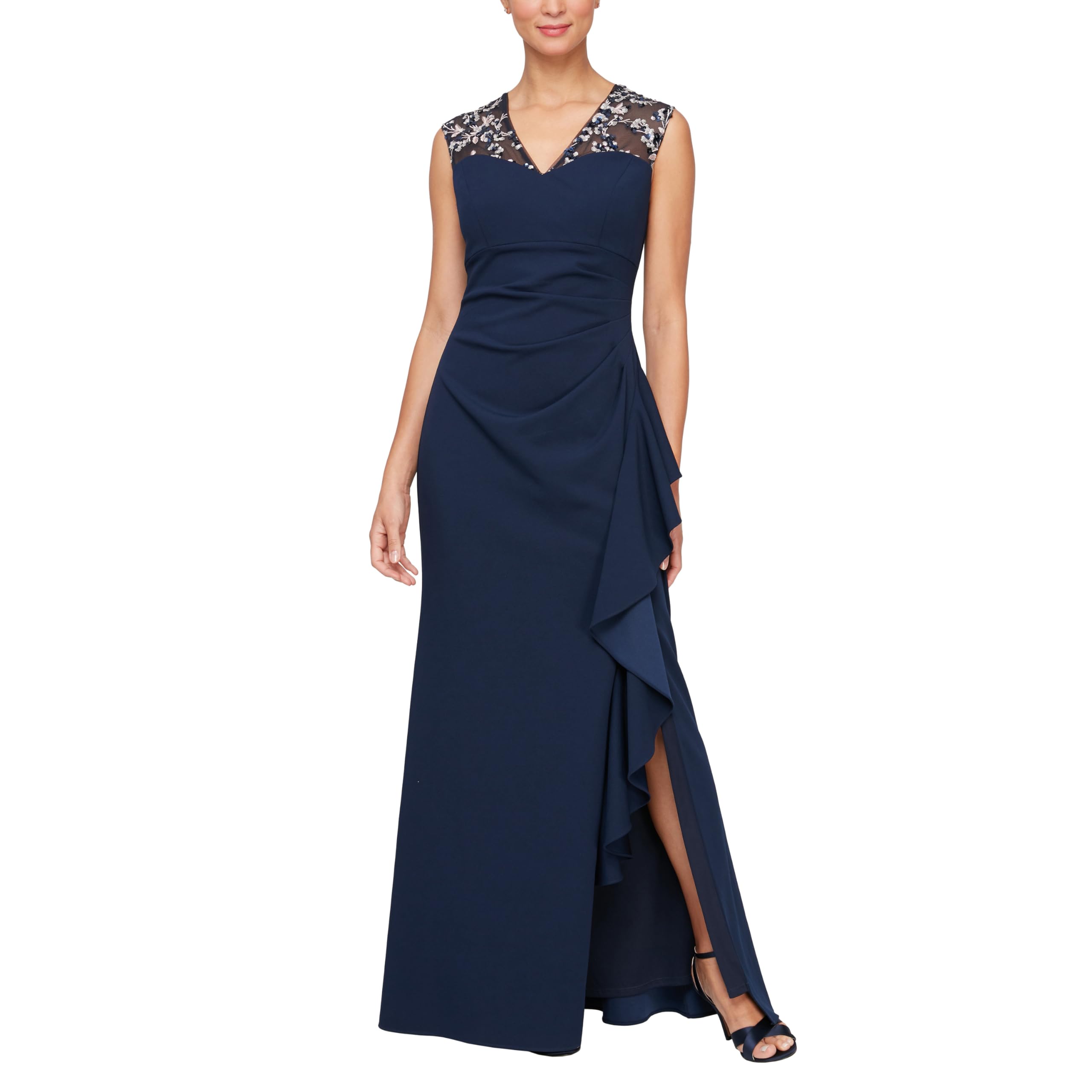 Photo 1 of Alex Evenings Women's Petite Long Column Dress with Sweetheart Illusion Neckline, Navy and Pink-m