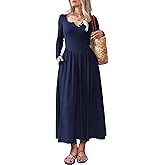 Mieazom Long Sleeves Maxi Dress for Women A Line 2025 V Neck Casual Button Boho Tshirt Long Dress with Pockets