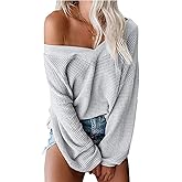 Tobrief Women's V Neck Long Sleeve Waffle Knit Tops Off Shoulder Oversized Pullover Sweater