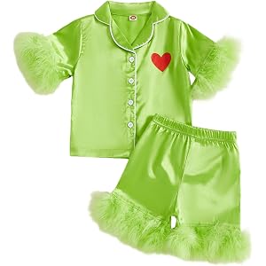 Ayalinggo Toddler Kids Girl Christmas Pajamas Baby Green Satin Silk Button Down Shirts Jammies Xmas Matching Pjs Outfits