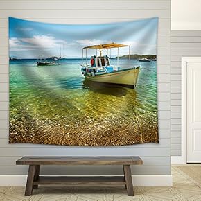 Colorful Boat in Skiathos Island, Greece - Fabric Wall Tapestry Home Decor - 51x60 inches