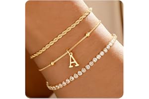 JIAOGE Christmas Gifts for Women Teen Girls Grandkids - Dainty Gold Bracelets for Women Personalized Gold/Silver Initial Bracelet Stack Stackable Rope Box Chain Tennis Bracelets for Girls Jewelry Set