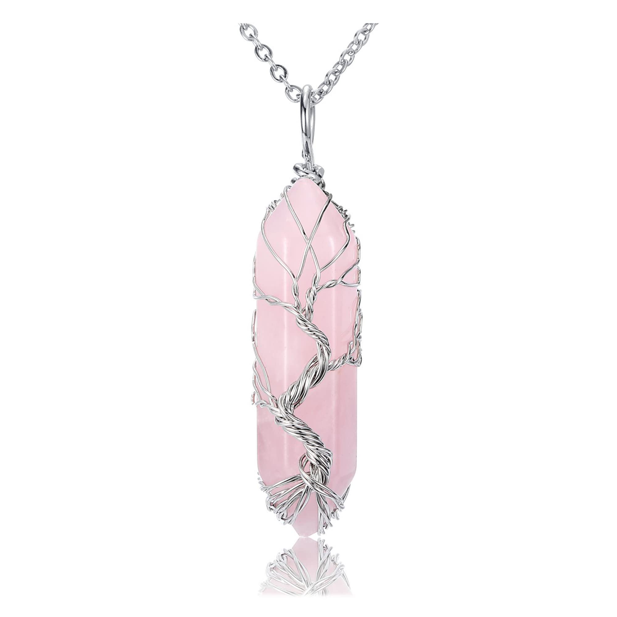 JSDDE Natural Rose Quartz Crystal Stone Necklace Life Tree Silver Wrapped Quartz Gemstone Pendant Necklaces Jewelry for Women