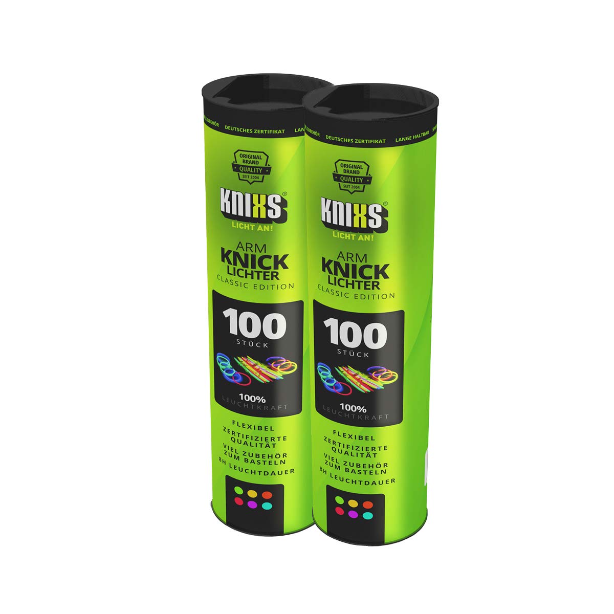 Knizs Glow Sticks incl. 200 x 2D, 4 x Circular connectors, 4 x 7-Hole connectors in 6-Colour Mix, in Professional Quality, Test Notes: 1.4, Plastic, 6 Colour Mix.