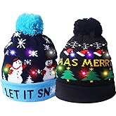 2 Pack LED Light Up Hat Beanie Knit Cap, Unisex Winter Snow Hat Sweater Ugly Holiday Party Beanie Cap,with 6 Colorful Lights LED