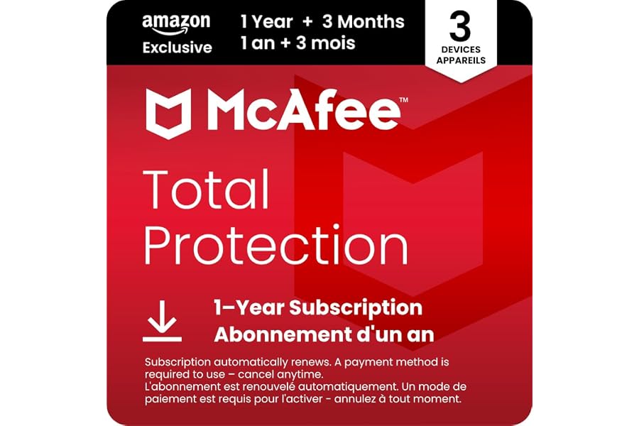 McAfee Total Protection 2025 | 3 Devices | 15 Month Subscription with Auto-Renewal| Cybersecurity software includes Antivirus