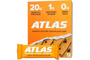 ATLAS PROTEIN BAR Atlas Bar – 20g Protein, 1g Sugar, 0g Seed Oils, 0g Artificial Sweeteners (12 Count, Peanut Butter Chocolate Chip)