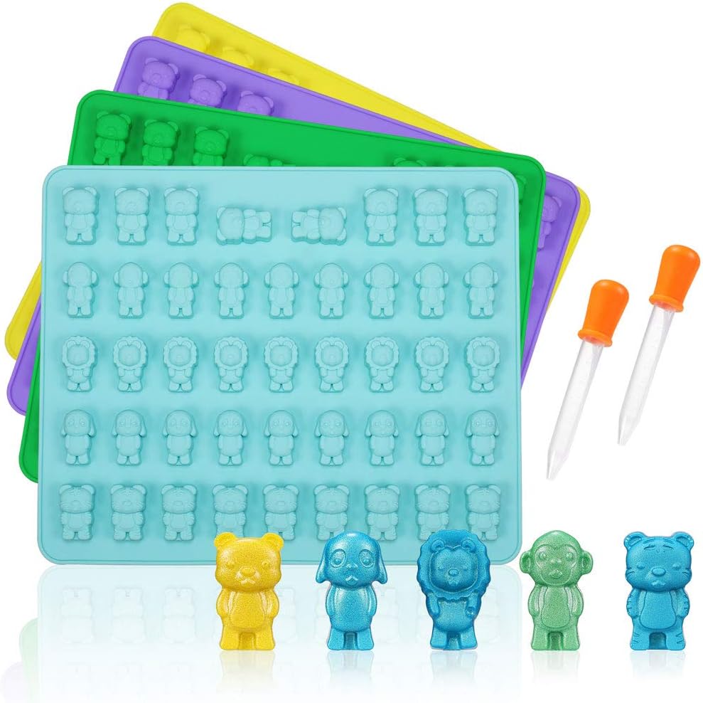 WARMWIND Silicone Gummy Molds, Large Silicone Candy Chocolate Molds, Including Funny Shape of Dogs, Lions, Tigers, Bears and Monkeys, 4 Pack with 2 Droppers, Perfect for Kids and Party