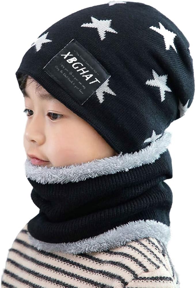 Simyjoy Bonnet Avec Echarpe Tricote Chapeau 2pcs 2 En 1enfant Hiver 2 8 Ans Bebe Garcon Mignon Cagoule Neige De Noel Chaud Tour De Cou Ensemble Polaire Protection Des Oreilles Epais Foulard Packs