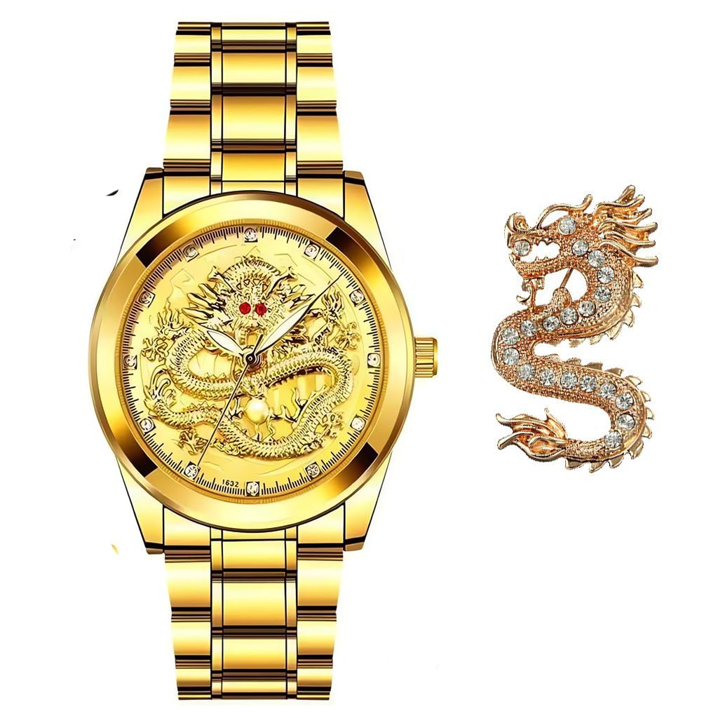 Udaney Mens-Gold-Dragon Watches Golden Business Casual Quartz Mens Wristwatch Stainless Steel Strap, Gold, dragon watch