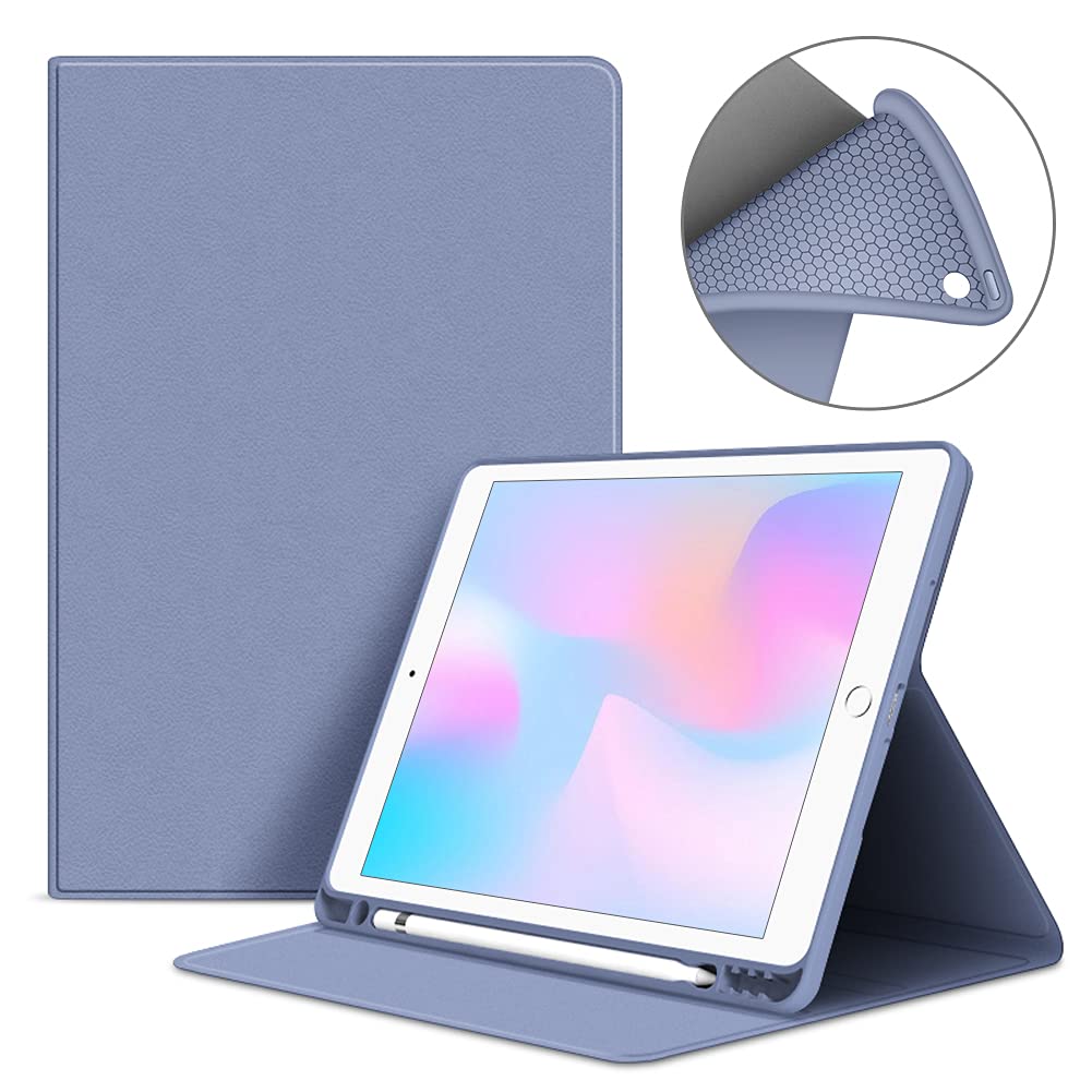 VAGHVEO Case for iPad 9.7 inch, Flexible Smart Cover with Pen Holder (Auto Wake/Sleep), TPU Back Cover Shockproof Shell for Apple iPad 5th/6th/Air, Purple Grey